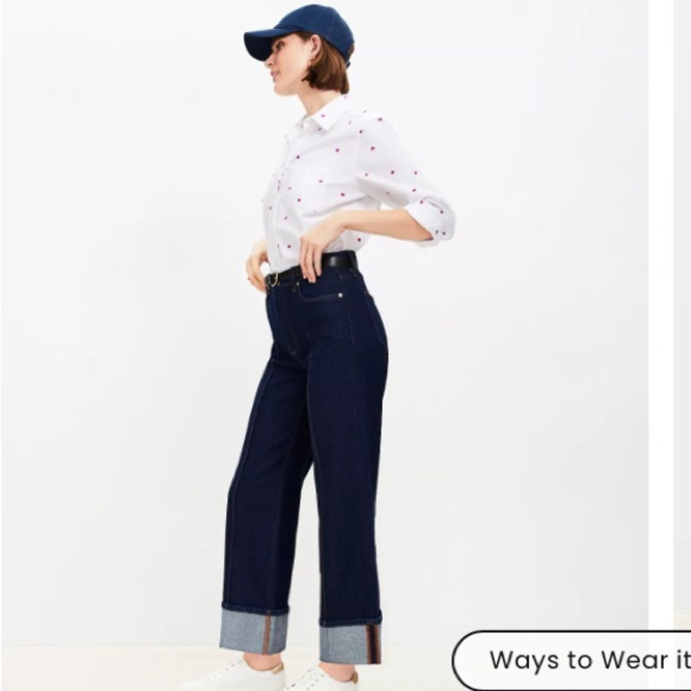 Pintucked Cuffed High Rise Wide Leg Crop Jeans in Dark Rinse